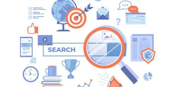 Web search technology, Search engine, SEO, Data finding. Search bar with result elements. Web banner, infographics. Vector illustration on white background.